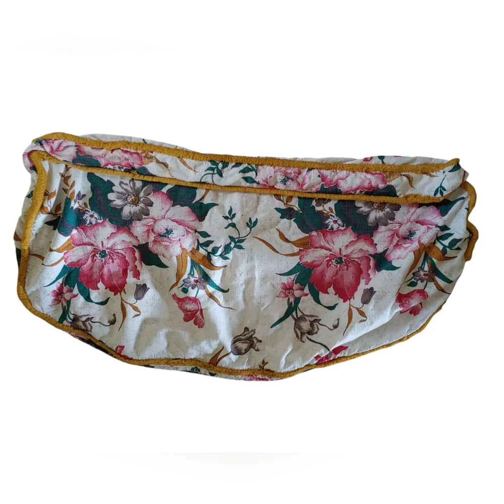 Vintage Barc Cloth Cushion Cover Floral Pattern Edged in Gold Fringe